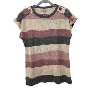 Lavish Womens Medium Striped Button Shoulder Knit Top Pink Gray Ivory